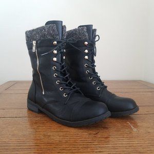 F21 Lace Up Combat Boots Knit Trim Black Gray